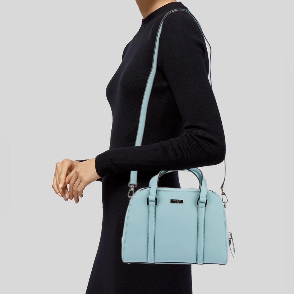 Kate Spade Light Blue Satchel Handbag Shoulder Strap PomPom Charm Vintage Spring